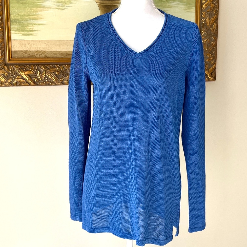 J. McLaughlin Royal Blue V-Neck Havana Yarn Cotton Blend Knit Sweater, Size M